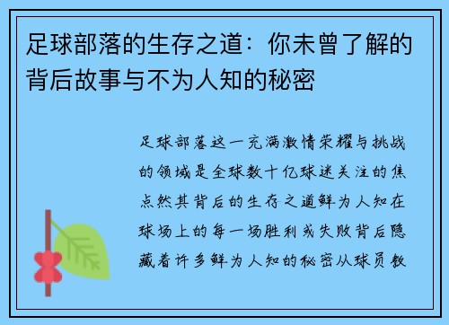 足球部落的生存之道：你未曾了解的背后故事与不为人知的秘密